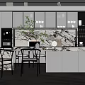 Modern Restaurant Interior Design With Marble Wall White Cabinets Dining Table And Green Plants