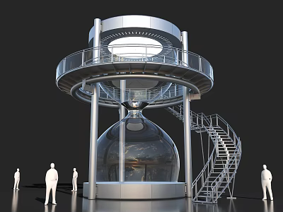 Modern Hourglass Shaped Building With Metal Frame Transparent Glass Sphere Spiral Staircase And People Around 3d model