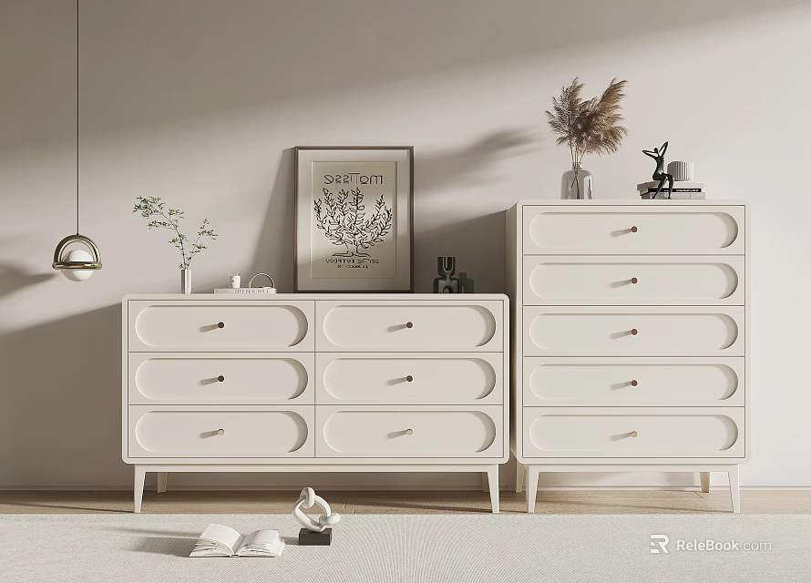 Modern White Dressers With Drawers Decorative Plants Framed Art And Pendant Light 3d model 
