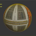 Red And Silver Mechanical Sphere With Grill Panels Circular Windows And Warning Stripes
