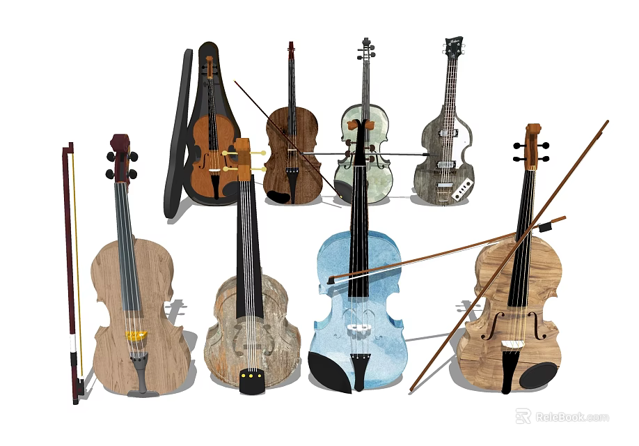 Collection of String Musical Instruments and Art Supplies with Bows and Various Styles 3d model 