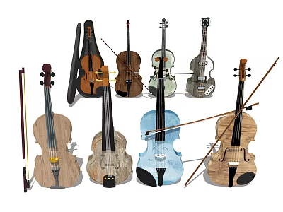 Collection of String Musical Instruments and Art Supplies with Bows and Various Styles 3d model