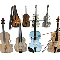 Collection of String Musical Instruments and Art Supplies with Bows and Various Styles