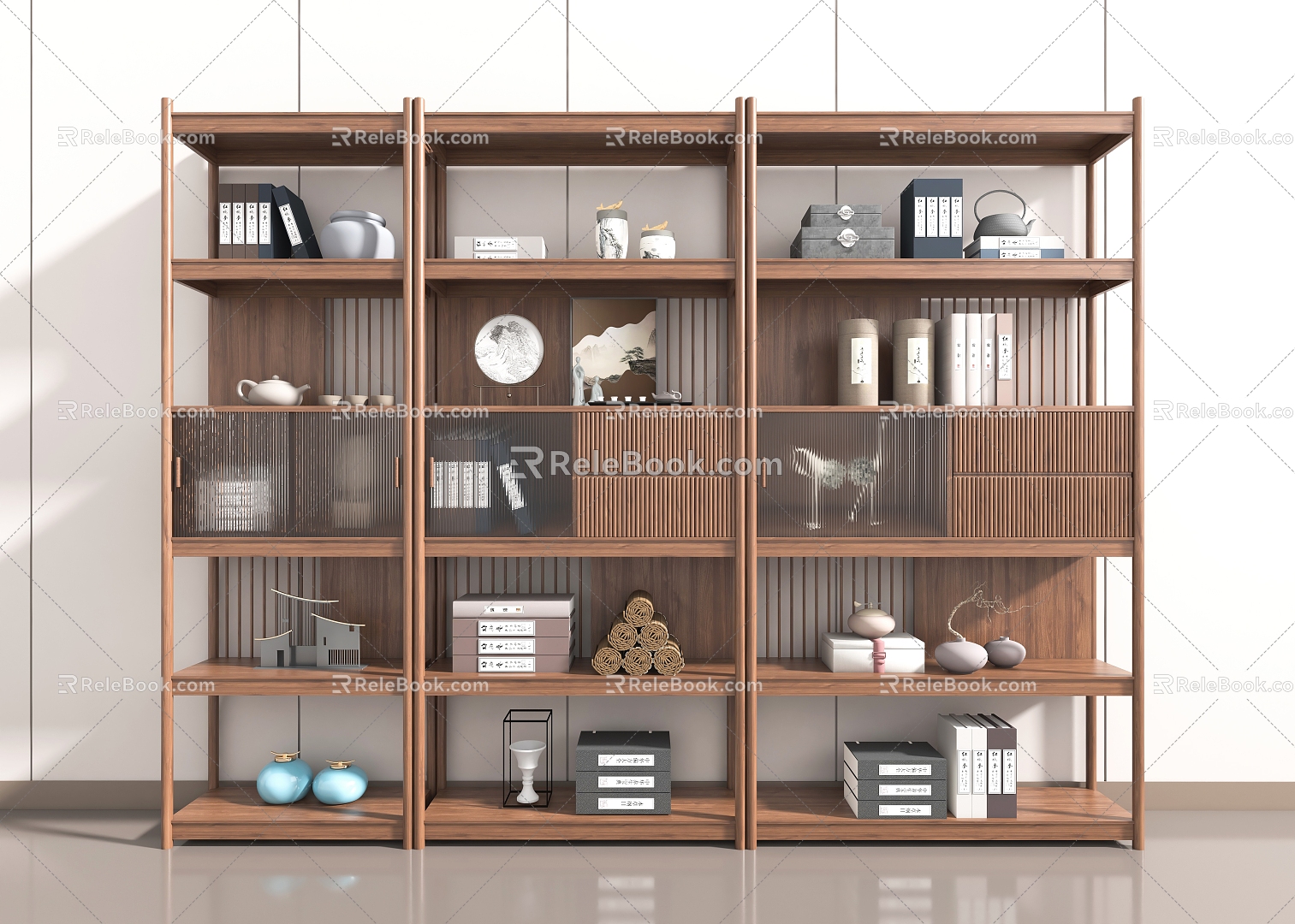 New Chinese Style Bookcase Bookcase Ornaments Book Decoration Cabinet Middle Ancient Bookshelf Middle Style Bookcase New Chinese Style Antique Rack Display Rack Solid Wood Bookshelf Tea Set Display Cabinet 3d model