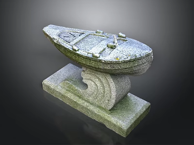 Gray Stone Boat Sculpture on Decorative Wave Pattern Base with Textured Surface 3d model