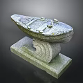 Gray Stone Boat Sculpture on Decorative Wave Pattern Base with Textured Surface
