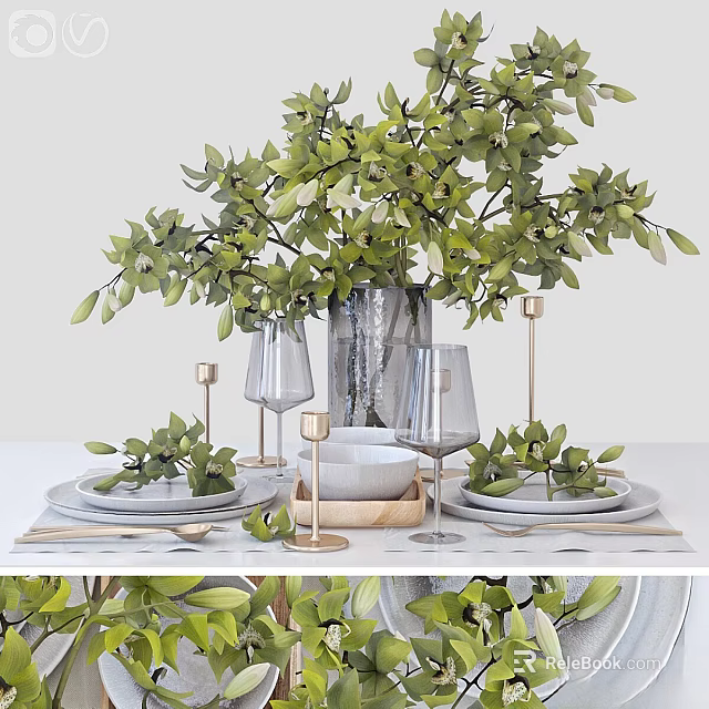 Stylish Tableware Set with Green Plants Wine Glasses Plates and Candle Holders on White Table 3d model 