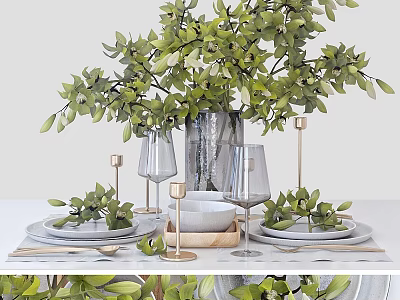 Stylish Tableware Set with Green Plants Wine Glasses Plates and Candle Holders on White Table 3d model