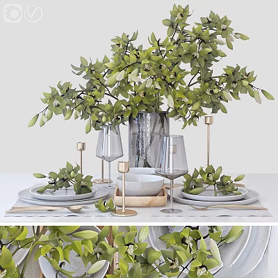 Stylish Tableware Set with Green Plants Wine Glasses Plates and Candle Holders on White Table 3d model