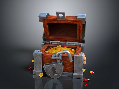 Open Wooden Treasure Chest With Metal Lock And Scattered Gold Coins Inside 3d model