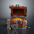 Open Wooden Treasure Chest With Metal Lock And Scattered Gold Coins Inside