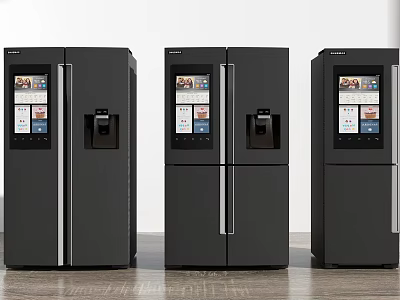 Stylish Black Side by Side Refrigerators Featuring Digital Displays and Water Dispensers 3d model