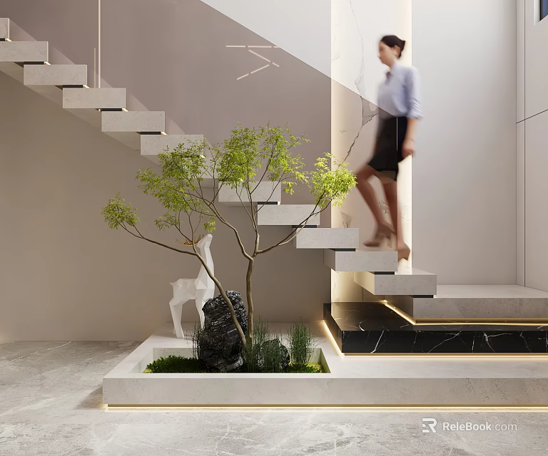 Modern Indoor Staircase Area With Woman Ascending Small Tree Stone Deer Sculpture And Green Plants 3d model 