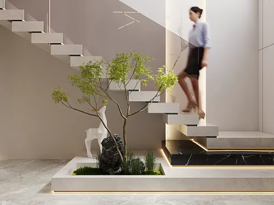 Modern Indoor Staircase Area With Woman Ascending Small Tree Stone Deer Sculpture And Green Plants 3d model