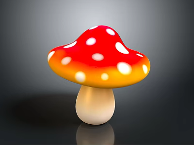 Red and White Spotted Mushroom with Yellow Gradient Cap and White Stem on Dark Background 3d model