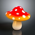 Red and White Spotted Mushroom with Yellow Gradient Cap and White Stem on Dark Background