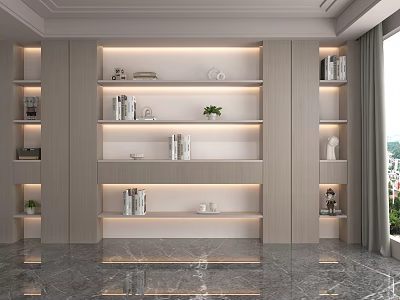 Modern Lighted Storage Shelving Unit With Multi Tiered Shelves And Decorative Items 3d model