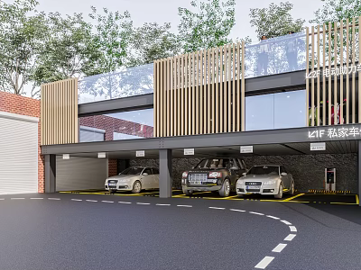 Modern Parking Lot with Wooden Slats Glass Facade Surrounded by Trees New Energy Vehicles Parked 3d model