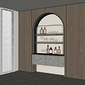 Modern Arched Wine Cabinet with Patterned Doors and Wine Bottles on Wooden Wall