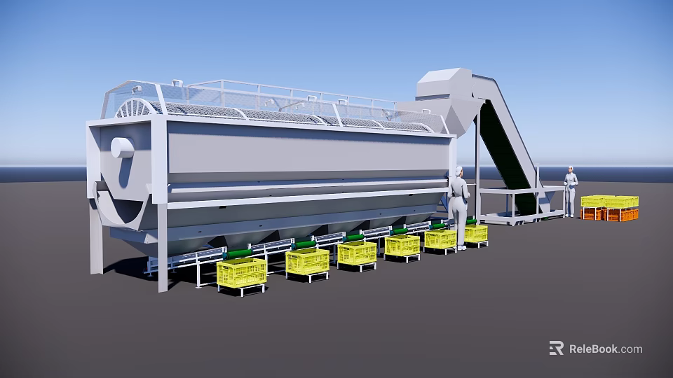 Large Industrial Processing Equipment With Conveyor Belt And Yellow Storage Crates 3d model 