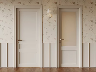 Interior Featuring Two Doors Solid Wooden Glass Panel Floral Wallpaper Wainscoting Parquet Floor Wall Sconce 3d model