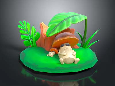 Cute Chubby Game Character Sitting On Green Grass With Mushroom Shelter And Big Leaves 3d model