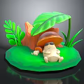 Cute Chubby Game Character Sitting On Green Grass With Mushroom Shelter And Big Leaves