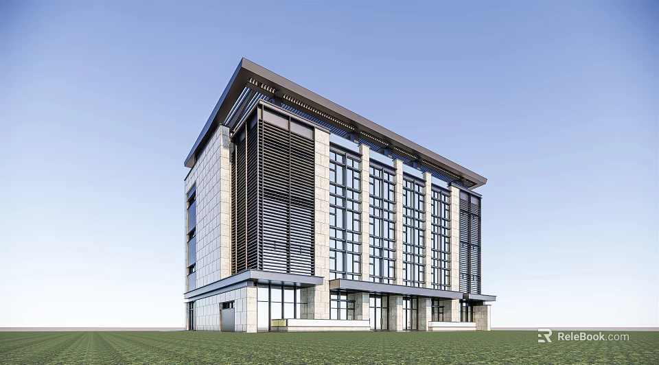 Modern Office Building With Glass Curtain Wall Stone Facade Green Lawn And Blue Sky 3d model 