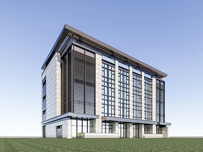 Modern Office Building With Glass Curtain Wall Stone Facade Green Lawn And Blue Sky 3d model