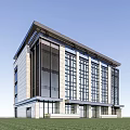 Modern Office Building With Glass Curtain Wall Stone Facade Green Lawn And Blue Sky