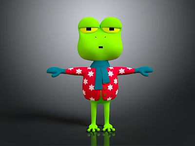 Adorable Green Cartoon Reptile In Red Coat With White Stars Blue Arms And Yellow Eyes 3d model