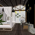 Traditional Homestay Guest Room With Canopy Bed Wooden Ceiling Hanging Chair And Green Plants