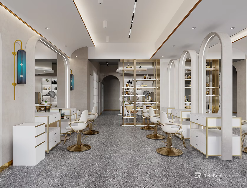 Modern Beauty Salon Interior Design With White Gold Decor Arched Mirrors White Chairs Cabinets And Shelves 3d model 