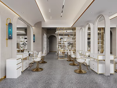 Modern Beauty Salon Interior Design With White Gold Decor Arched Mirrors White Chairs Cabinets And Shelves 3d model