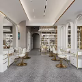 Modern Beauty Salon Interior Design With White Gold Decor Arched Mirrors White Chairs Cabinets And Shelves