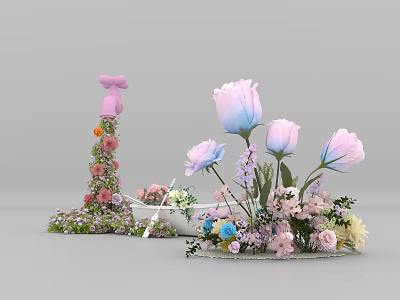 Elegant Floral Decorations With Pink Bow Column And Pink Blue Roses Arrangement 3d model