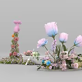 Elegant Floral Decorations With Pink Bow Column And Pink Blue Roses Arrangement