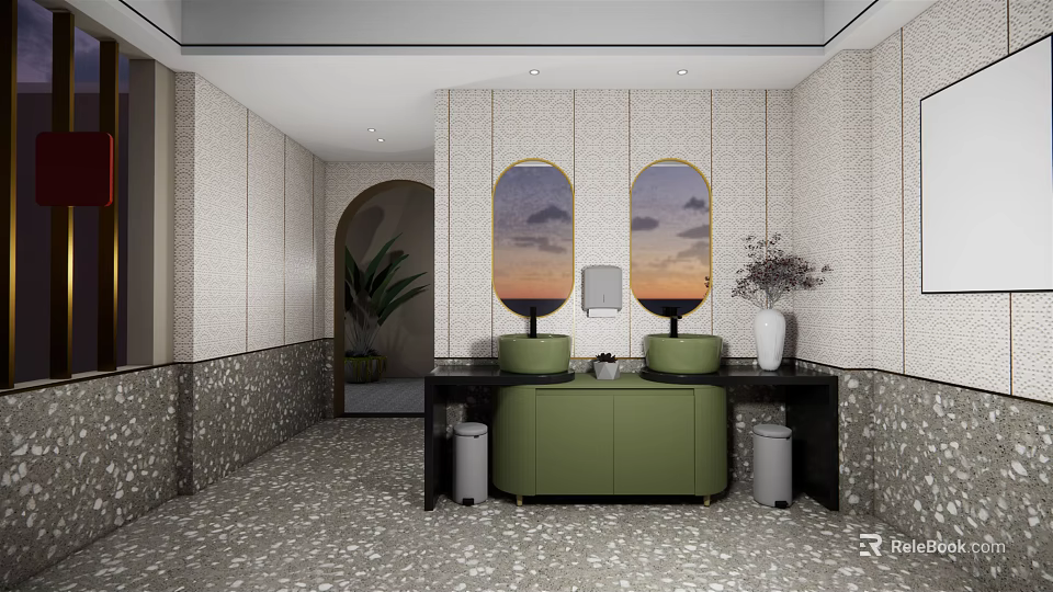 Public Restroom Interior With Green Sinks Oval Decorative Paintings Vase And Patterned Floor 3d model 