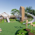 Garden Features In Children's Play Area With Wooden Structures Slide Trees And Green Lawn