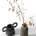 Decorative Ceramic Vases With Dried Flowers And Textured Surfaces 3d model