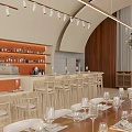 Modern Restaurant Interior with Open Layout Wooden Dining Tables Natural Light and Large Windows