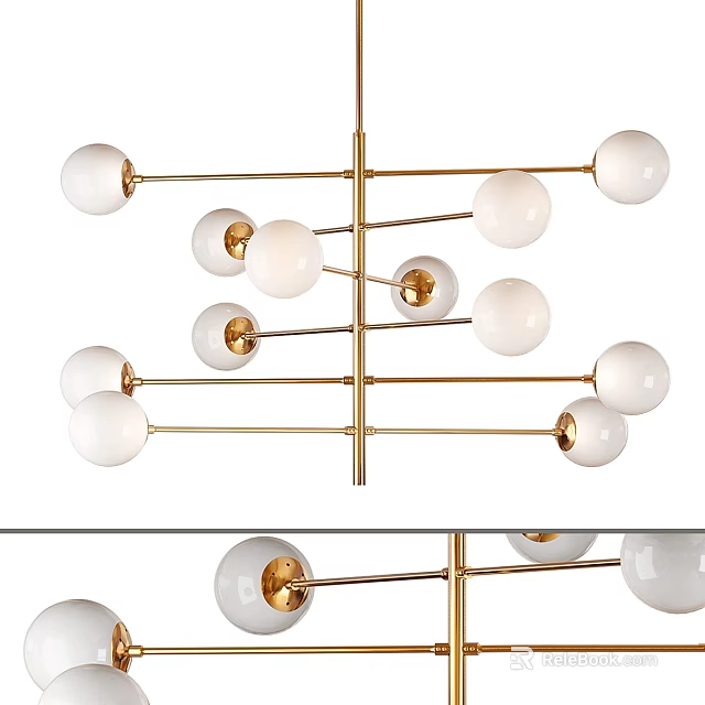 Modern Chandelier Featuring Golden Cross Bars And White Spherical Glass Shades 3d model 