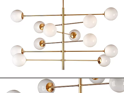 Modern Chandelier Featuring Golden Cross Bars And White Spherical Glass Shades 3d model