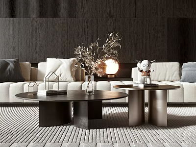 Modern Coffee Tables In Living Room With White Sofa Dark Wooden Wall And Decorative Plants 3d model