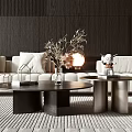 Modern Coffee Tables In Living Room With White Sofa Dark Wooden Wall And Decorative Plants