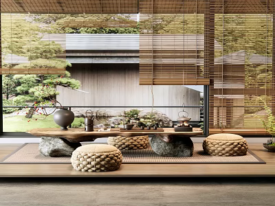 Natural Zen Tea Table and Chairs Setup With Bamboo Blinds Outdoor Green Plants View 3d model