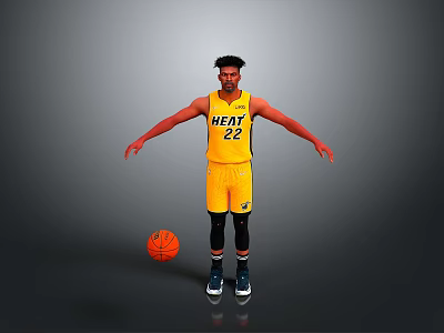 Man Wearing Yellow HEAT 22 Jersey Standing with Basketball on Gray Background 3d model
