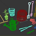 Yellow Watering Can Shovels Rakes And Sack Of Soil With Plant Pots For Gardening