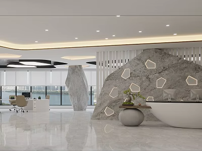 Modern Front Desk Reception Area With Marble Counter Stone Wall Accent Lighting And Potted Plant 3d model