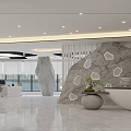 Modern Front Desk Reception Area With Marble Counter Stone Wall Accent Lighting And Potted Plant